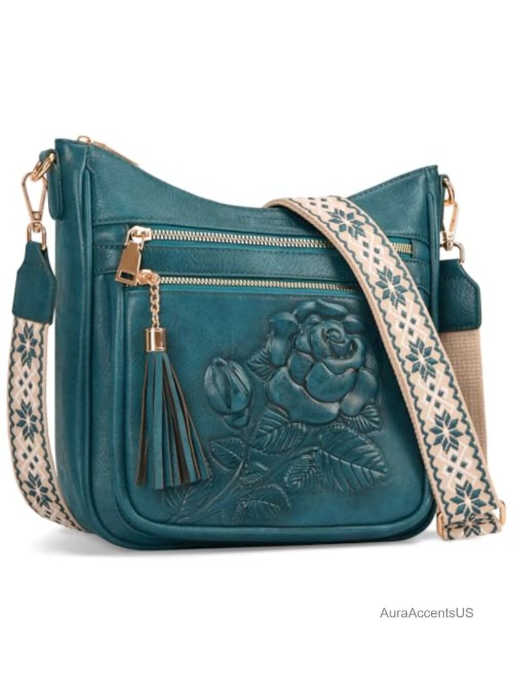 Vegan Leather Crossbody Bag Embossed Rose Floral Purse Multi-Pocket Boho Strap